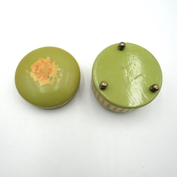 Vintage Trinket Box Green Decoupaged Yellow Rose Gold Detailing Velvet Lined - Picture 5 of 8